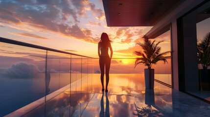 Successful woman standing on luxury balcony, back view of rich female silhouette at sunset realistic hyperrealistic - Powered by Adobe