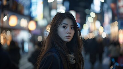 Close-up of young woman smiling, confident, portrait. Woman Standing on City Street at Night.