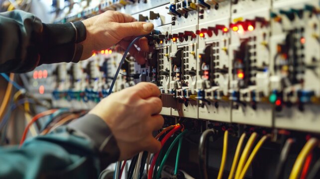 electrical system in the control cabinet. Professional electrician man work to connect electric wires in the system, Electrician repairing. switchboard