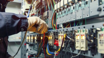 Professional electrician man works in a electrical installation and power line current in an electrical system control cabinet, Electrician repairing