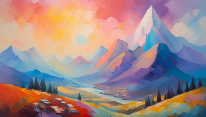 Semi Abstract Acrylic Painting. View of the Valley with Mountain Range, River, Fields and Meadows. Bright Colors of Summer.
