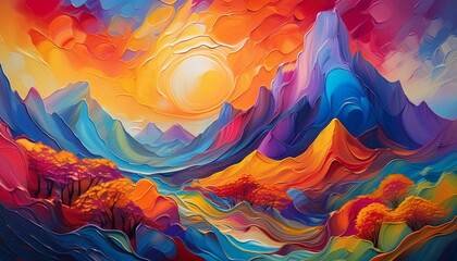 Abstract Oil Acrylic Painting. View of the Mountain Valley at Sunset. Bright Colors of Autumn.