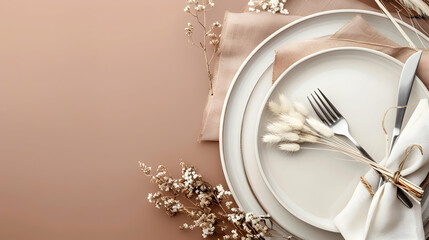 Table setting, empty plate with napkin and cutlery on a brown background, top view of the served table decorated with dry flowers realistic hyperrealistic