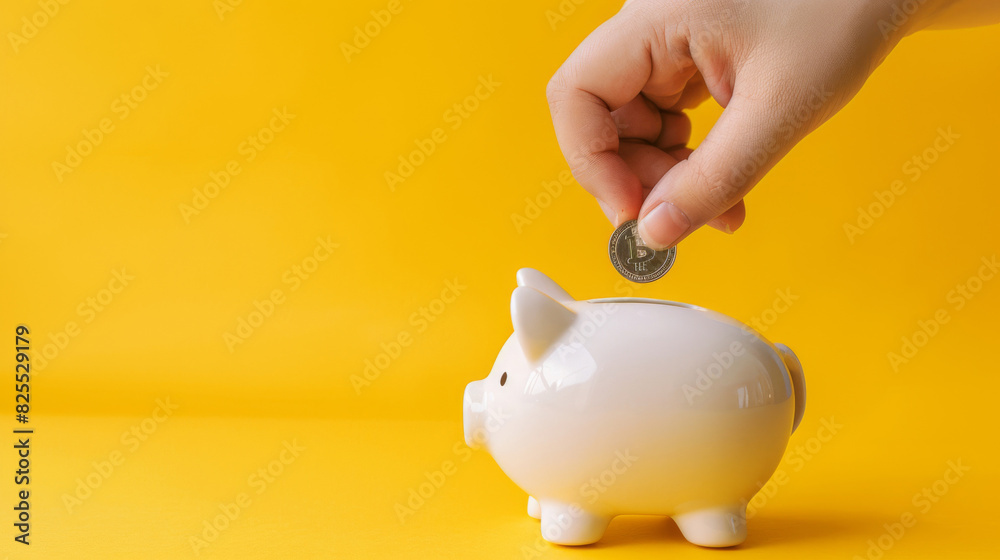 Poster hand dropping a coin into a piggy bank on a sunny yellow backdrop, representing saving money