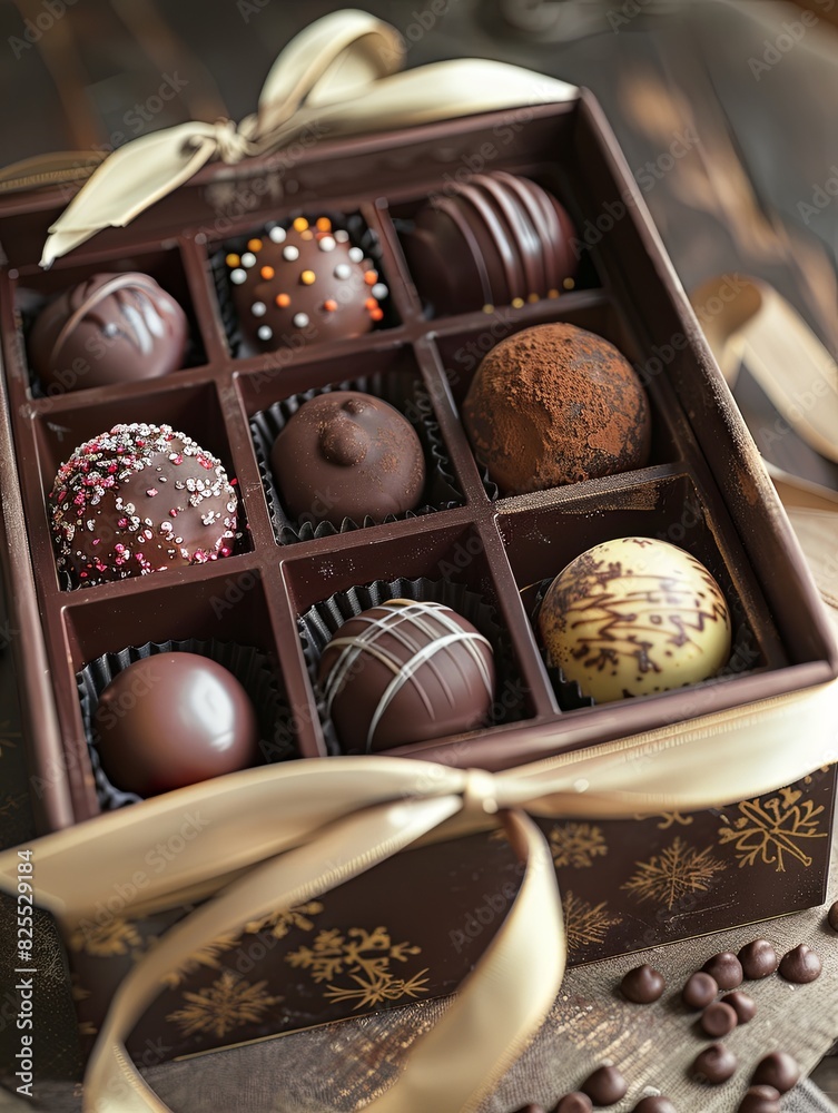 Aufkleber elegant box of chocolate truffles adorned with a ribbon in rich dark colors. generative ai