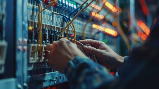 A male electrician works in a switchboard to connect electric wires in the system. Electrician engineer test the electrical installation and power line current in an electrical system control cabinet