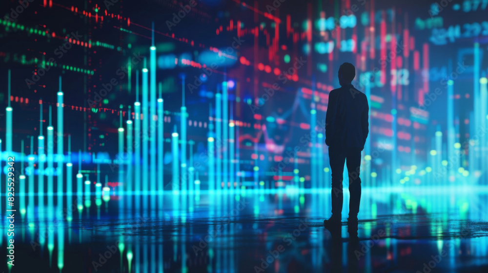 Poster man's silhouette standing against backdrop of illuminated financial charts symbolizing inflation
