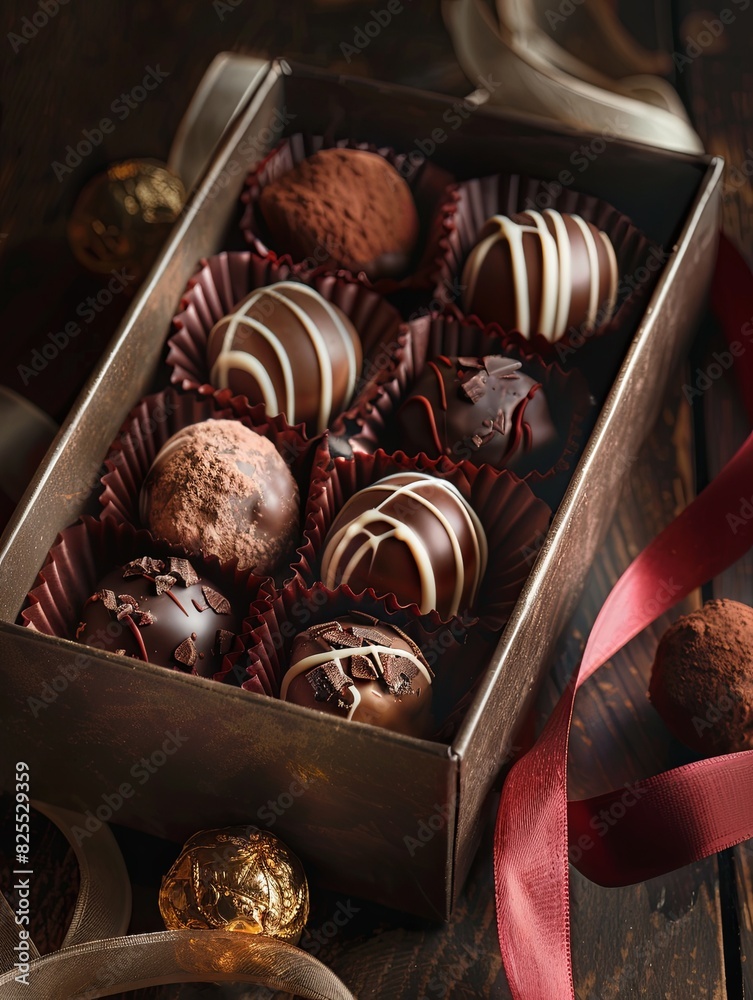 Poster elegant box of chocolate truffles adorned with a red ribbon, featuring high detail and luxurious pre