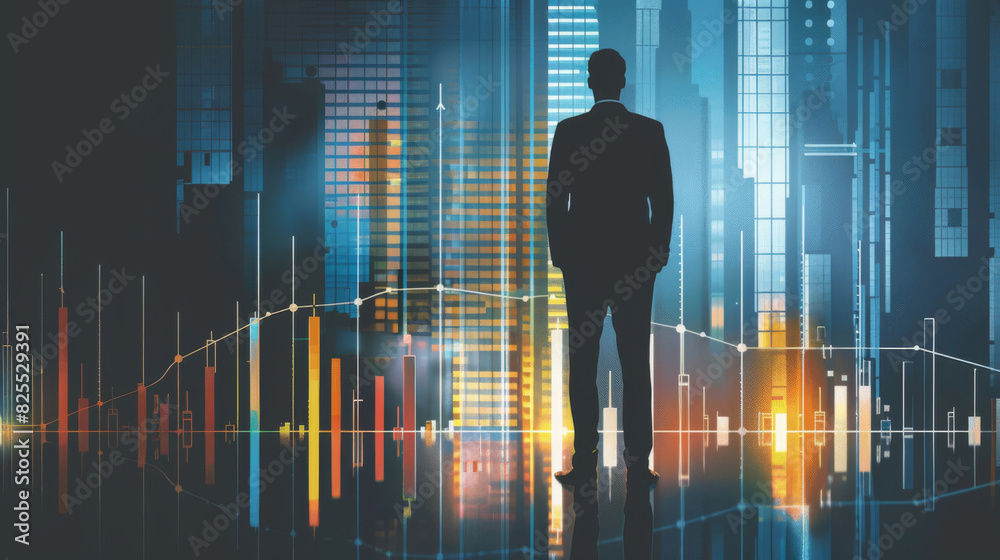 Poster Man's silhouette with financial graphs showing inflation rates in a cityscape background