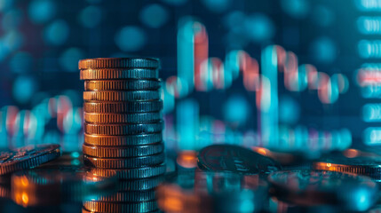 Blurred digital background with stack of coins representing financial growth and inflation