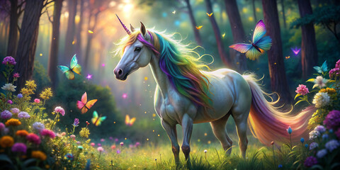 Enchanting Unicorn with Rainbow Mane in Magical Forest Clearing