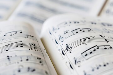 A sheet music on white background, closeup view for website banner Generative AI