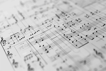 A closeup of sheet music, with the focus on notes This shot emphasizes the texture and complexity of sheet music Generative AI
