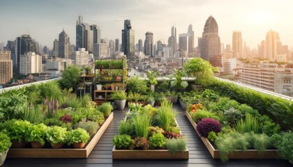 Rooftop garden in an urban setting with a city skyline in the background, highlighting sustainable living and green spaces in urban environments.
