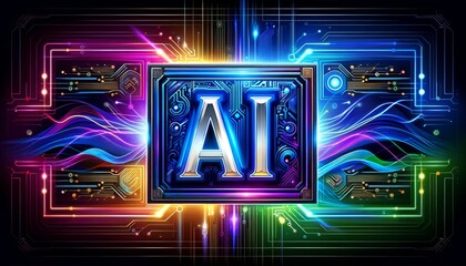 AI icon, word, symbol written on technology themed background	