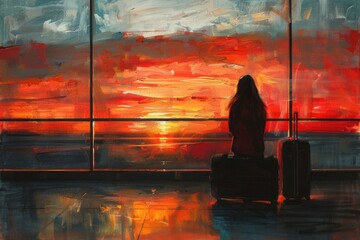 pintura de una mujer espera en la sala de embarque del aeropuerto con su maleta, mirando por una ventana grande hacia la puesta de sol. Está sola.






