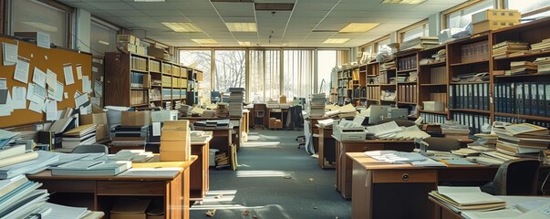 A panoramic view of an accounting office, each brimming with documents and paperwork, captured in a moment of stillness