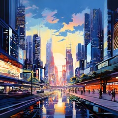 Futuristic city panorama acrylic painting, generative AI