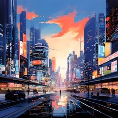 Futuristic city panorama acrylic painting, generative AI
