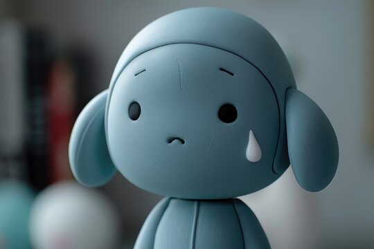 Un personaje simple y lindo que está triste, con una lágrima en su mejilla, llorando. No hay nada en el fondo, luz suave, estilo simple, plástico mate, en el estilo de Pocoyo 3D, color gris.






