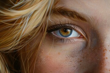 A detailed closeup shot highlighting the beauty of a female's eye with natural freckles