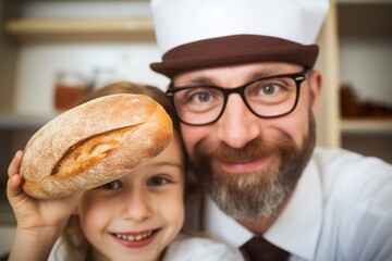 A man and a little girl are posing for a picture with a loaf of bread