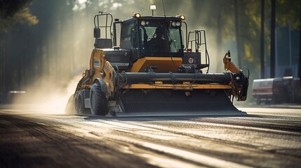 A photo of an asphalt paver machine in action.