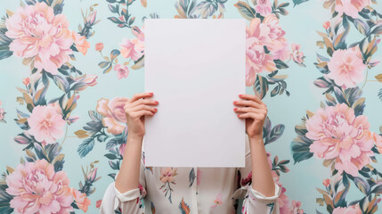 woman covering her face  presenting blank vertical poster against decorative floral wallpaper, ideal for promotions and advertisements