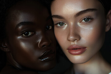 dramatic beauty shot of two women, one with glistening skin, against a dark background emphasizing...