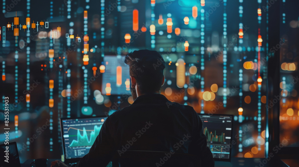 Aufkleber man in a trading room analyzing financial charts showing inflation trends from behind