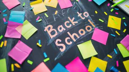 modern educational concept with 'back to school' written on blackboard surrounded by vibrant sticky notes