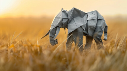 origami elephant in the savannah, endangered species concept, created with generative AI technology