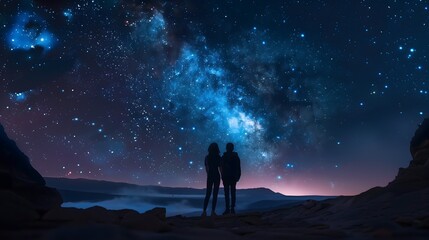 Fototapeta premium Stars and Night - A couple stands in awe, silhouetted by the dazzling night sky
