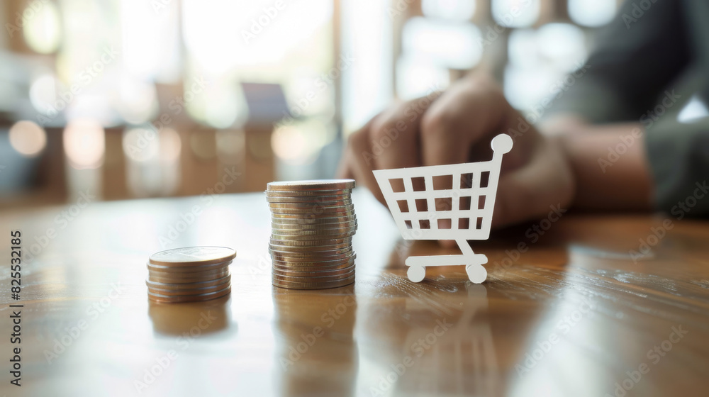 Poster Miniature shopping cart with growing coin stacks highlighting inflation