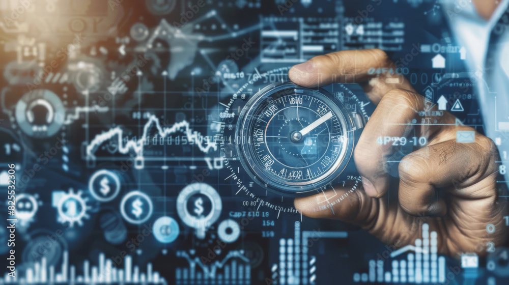 Poster Navigating inflation: hand holding compass over financial charts in conceptual image