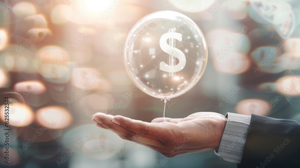 Poster balancing a transparent balloon with a dollar sign, symbolizing inflation, with an open hand