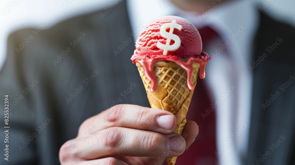 Poster conceptual image of a melting ice cream with a dollar sign depicting inflation