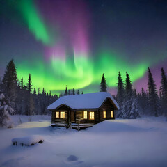 house in the snow, aurora borealis, very cozy and calming