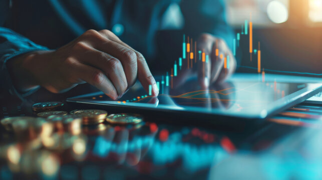 Close-up of hands reviewing financial inflation charts on a tablet amid scattered coins