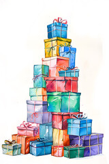 Obraz premium Watercolour illustration of tower made of gift boxes, Christmas presents