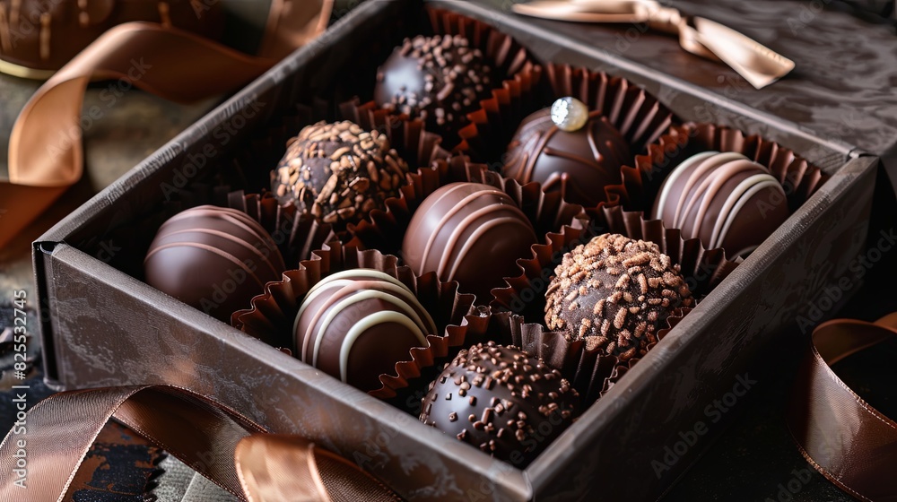 Poster luxurious box filled with rich dark chocolates, adorned with ribbons, placed on top of a table. gene