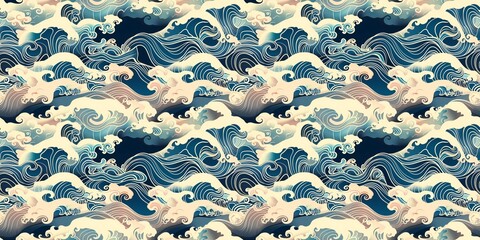 Seamless pattern of vintage Japanese oriental swirl sea wave cloud pattern, illustration of water ocean sea pattern.