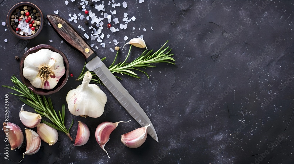 Poster Garlic and knife on dark background. Cooking ingredients and tools. Food preparation scene. Perfect for culinary blogs, food stocks, or recipe sites. AI