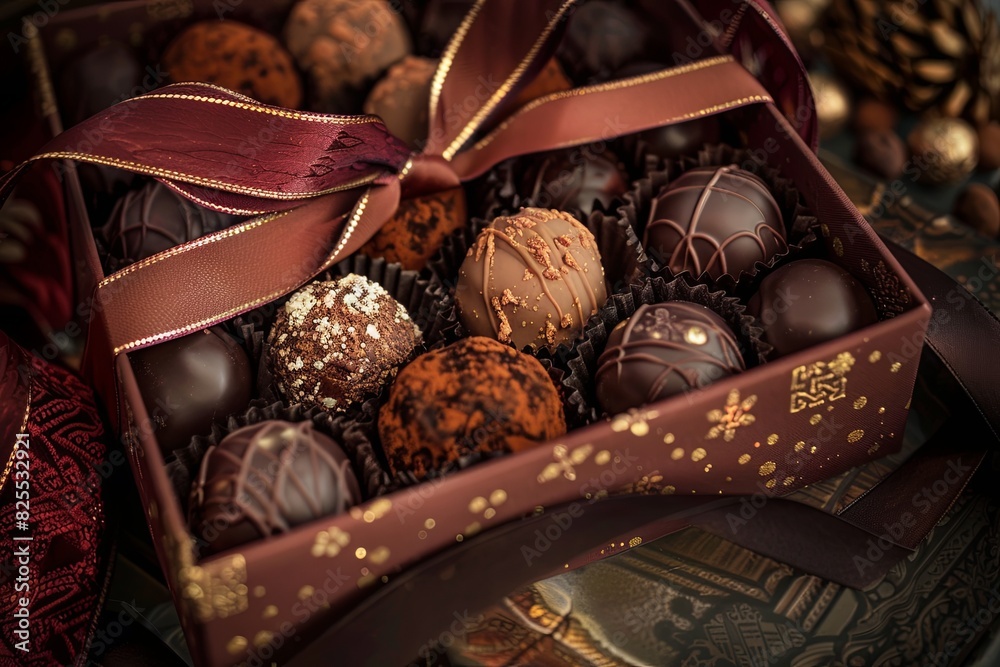 Poster a luxurious box of assorted chocolates, decorated with ribbons, placed on a table. generative ai