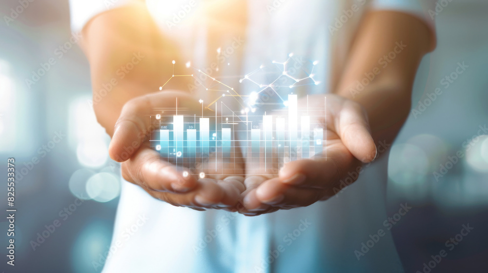 Poster Close-up of hands presenting a glowing digital economic graph symbolizing inflation dynamics