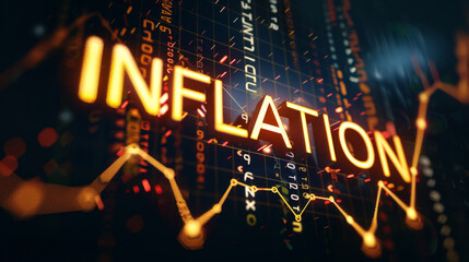 3d render of the word 'inflation' amid glowing stock market figures symbolizing economic trends