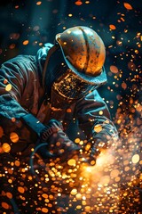 Fototapeta premium A worker in a hard hat and protective mask processes metal using a grinding machine. Sparks fly in all directions, illuminating him. The background is made in bright colors and shows the silhouette of