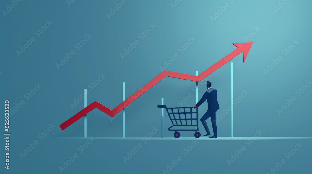 Poster illustration of a figure pushing a shopping cart towards a rising arrow on a graph