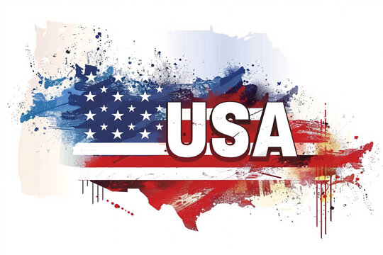 Watercolor illustration of the USA map with flag colors and splashes creating a patriotic and artistic look