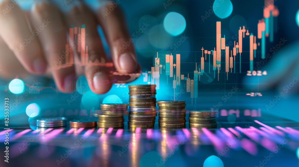 Poster depiction of inflation through growing stacks of coins against a background of financial growth char